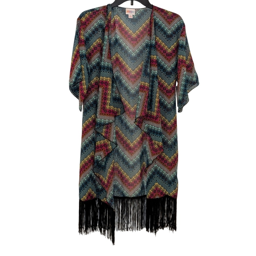 LuLaRoe Monroe Kimono Small Multicolor Geometric Chevron Fringe Chiffon Wrap NWT